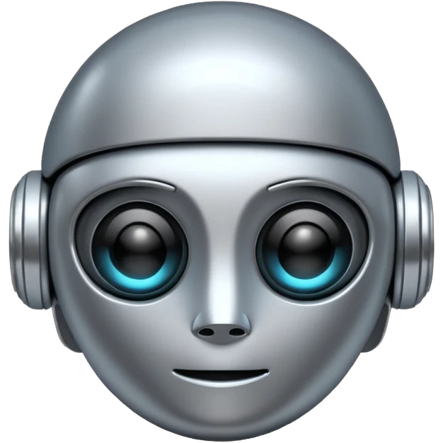 A cute futuristic robot emoji made of silver chrome, rounded friendly body, minimal facial features, glossy metallic surface, soft reflections, iOS emoji style, centered, clean white background emoji