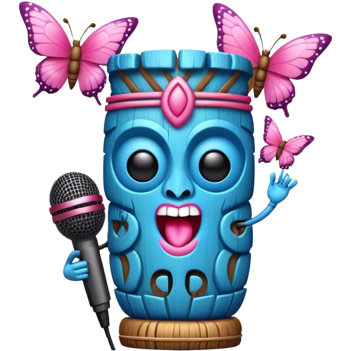 Cartoon Blue and pink tiki singing with butterfly and in the mikrophone emoji