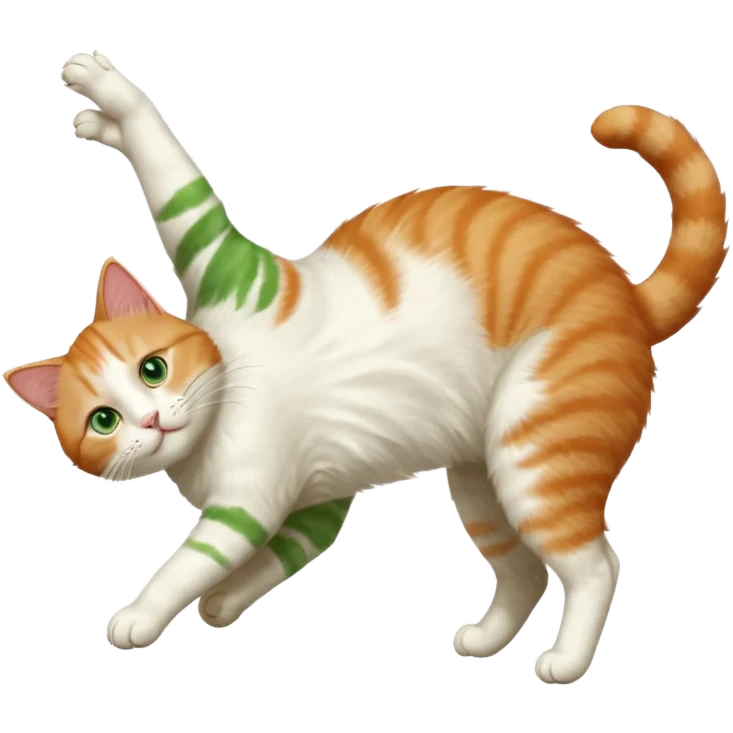 ginger and white cat with green eyes doing a big extremely long stretch reaching up into the air with arms and legs side by side together straight and overextended whilst lying on its side emoji