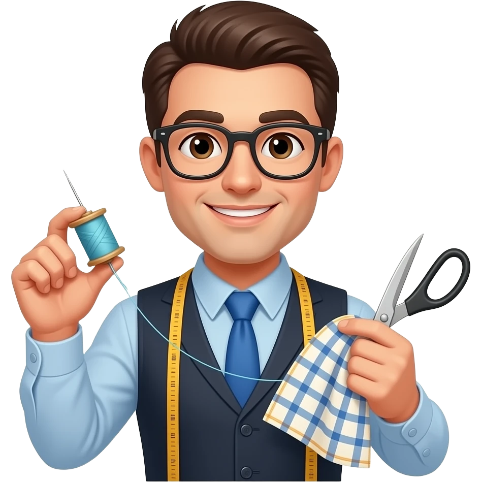 Elinde iğne ipliği mezurası, kesilmiş kumaşı ve makası olan, gözlüklü bir Terzi emojisi apple emoji düzeninde yap emoji