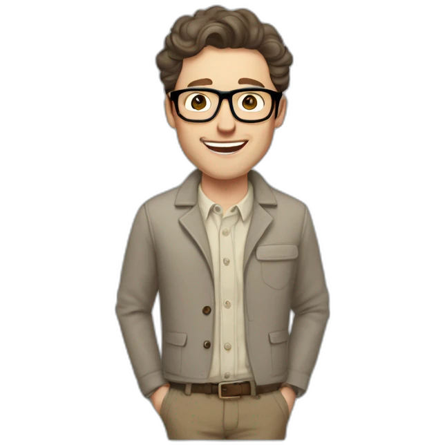 Joyful Pale skinned Fit Man With dark brown hair in gray jacket, beige office shirt, Brown pants and vintage glasses. His thrumbs up emoji