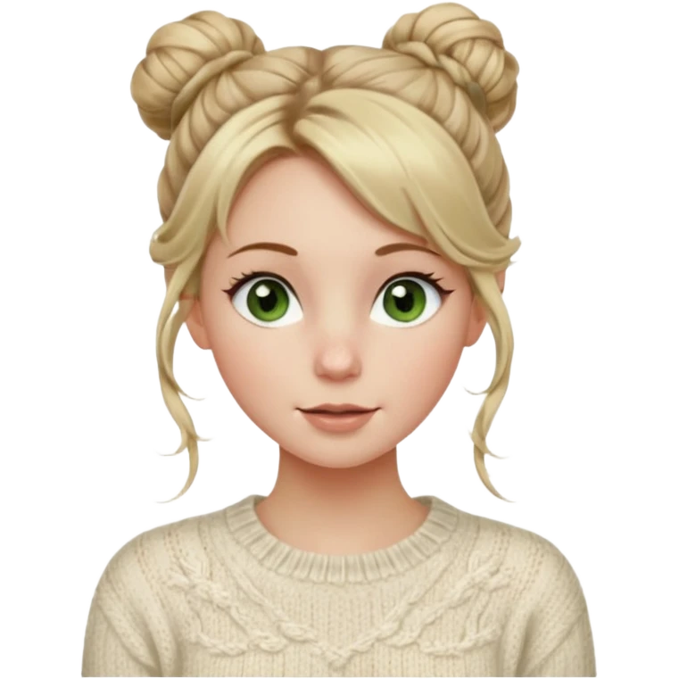 dirty blonde hazel  green eyes woman with a white cable knit sweater and one messy bun with tendrils of hair flowing down her face and she is happy pale, some freckles, blush. she has a cateye wing and long lashes emoji