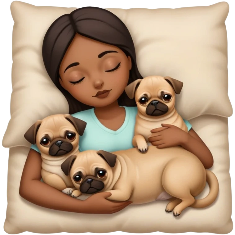 one brown girl and two pugs and one chihuahua pug mix sleeping  emoji
