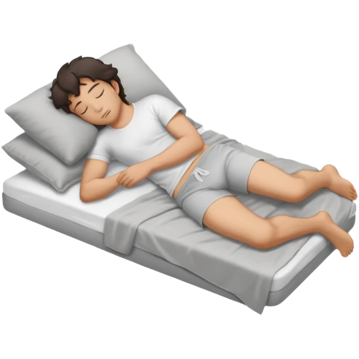 rapaz de cabelo escuro dormindo de lado, de  corpo inteiro usando camiseta branca e cueca cinza claro emoji