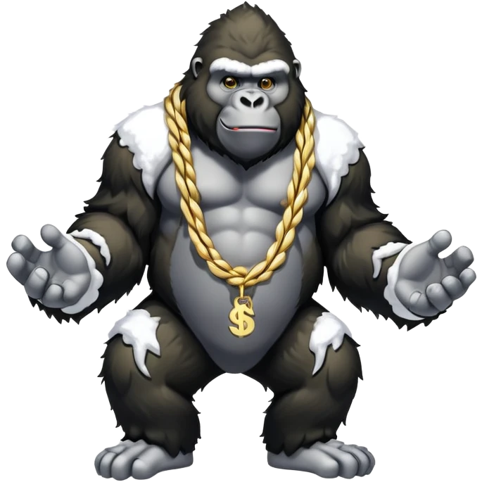 Snow elemental shaped more like a gorilla—think tall, jointed limbs, maybe even facial expressions made of snow flaunting money wearing gold rope chain with jacket and Jordan sneakers emoji