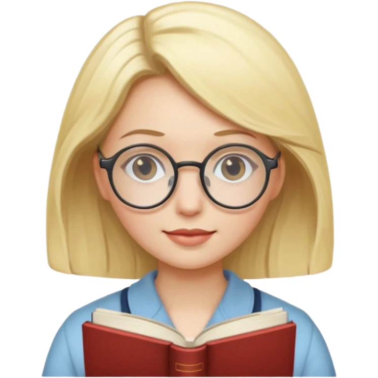 Blonde woman with round glasses and book emoji