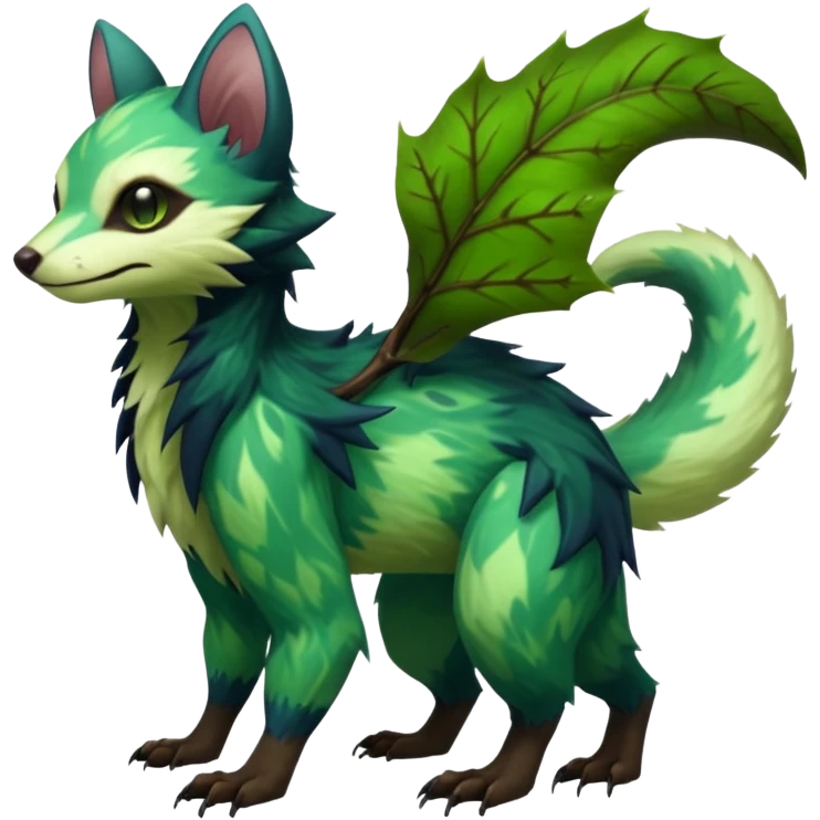 Realistic Sharp swampy mossy elemental ivy detailed Colorful translucent luminescent glowing Trico-Noibat-batty-Sergal-Furret-Ferret-Wolverine-Vernid-furry-fursona-fusion-Fakemon-animal-hybrid-creature, full body emoji