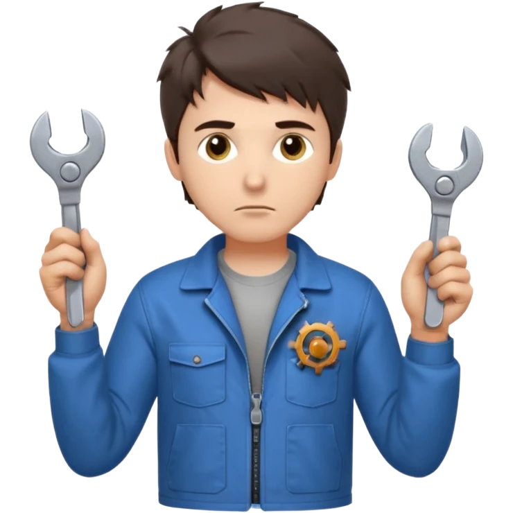 Calm and independent male technician, fair skin, short tousled dark brown hair, cool gray eyes, serious but composed expression, wearing a blue work jacket over a grey t-shirt, holding a wrench in one hand and a mechanical gear in the other, waist-up, front-facing emoji