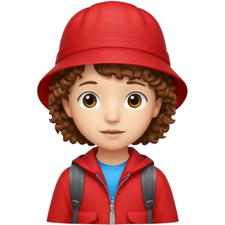 Little student brown curly hair, wears red bucket hat and jacket, backpack, shy emoji