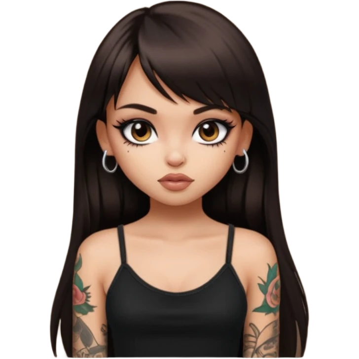 generate a pretty bratz girl in black cami top, dark brown straight long hair with bangs, eyeliner on, with tattoos emoji