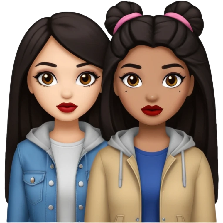 Boujy baddie best friends, trendy heavy makeup both dark hair one light skinned and one light brown  emoji
