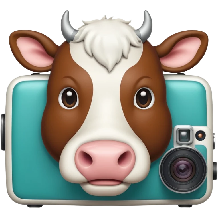 Emoji-style icon of a cow and buffalo with a camera or scan frame, representing image upload for breed detection. Simple, friendly, rounded design, clear at small sizes, teal and white accents, no text, transparent background. emoji