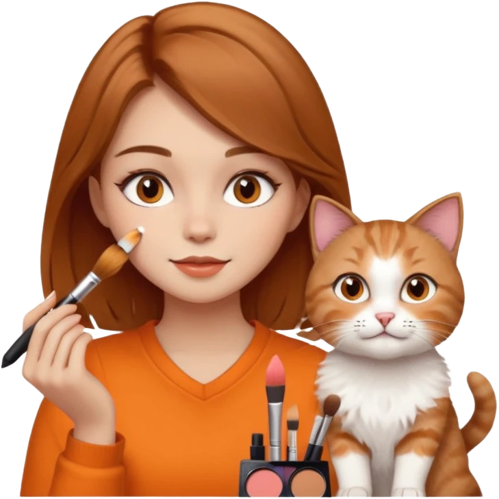 A image of a girl with light brown hair doing her makeup with her cat emoji