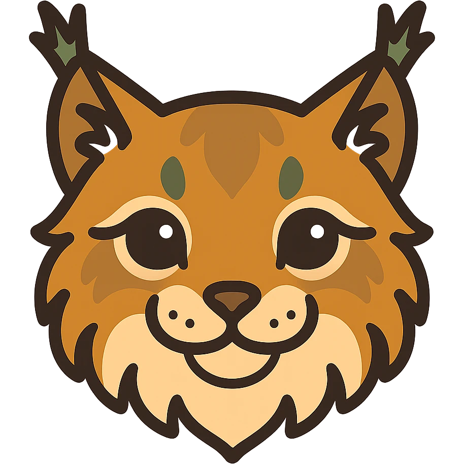 A cute and soft lynx face with big, expressive eyes, designed in a warm and magical color palette: golden orange (FA9B41), forest green (4A7C5C), muted taupe brown (96775A), and pastel peach (FFCC9A). The lynx’s fur is fluffy and soft, with a mix of warm browns and golden highlights. Its ears are tipped with tufts of fur in greenish tones, and its cheeks are gently rounded with subtle peach accents. The eyes are bright and curious, surrounded by soft fur in the warm color palette. The overall look is adorable, serene, and enchanting, evoking a gentle, woodland atmosphere. emoji