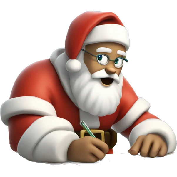 White Santa Claus is sitting on a desk, writing something down on a sheet of paper, solving complicated math puzzles  emoji