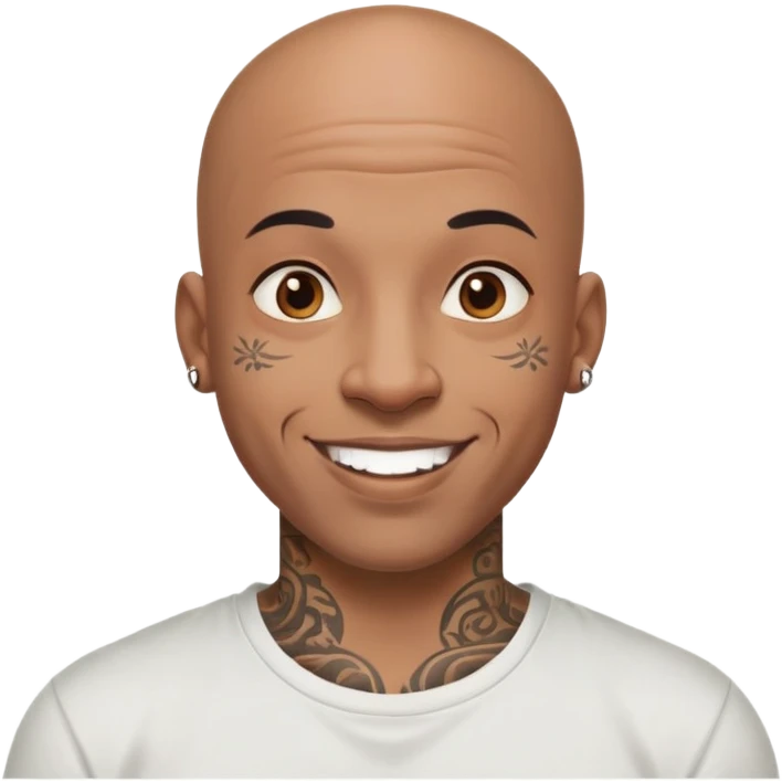 bald black man with intricate face tattoos, cheerful expression, wearing a t-shirt emoji