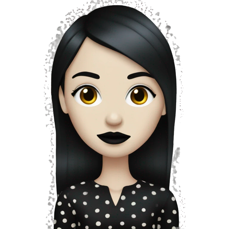 skinny pale goth woman with straight black hair black lips and black polka dot dress emoji