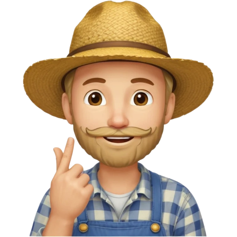“A single emoji-style character combining 👨‍🌾😄 and 🤔: a smiling farmer man with a straw hat, friendly face, and light beard, holding one hand under his chin in a thinking gesture. His index finger rests under his face, eyes looking slightly upward as if thinking.  emoji