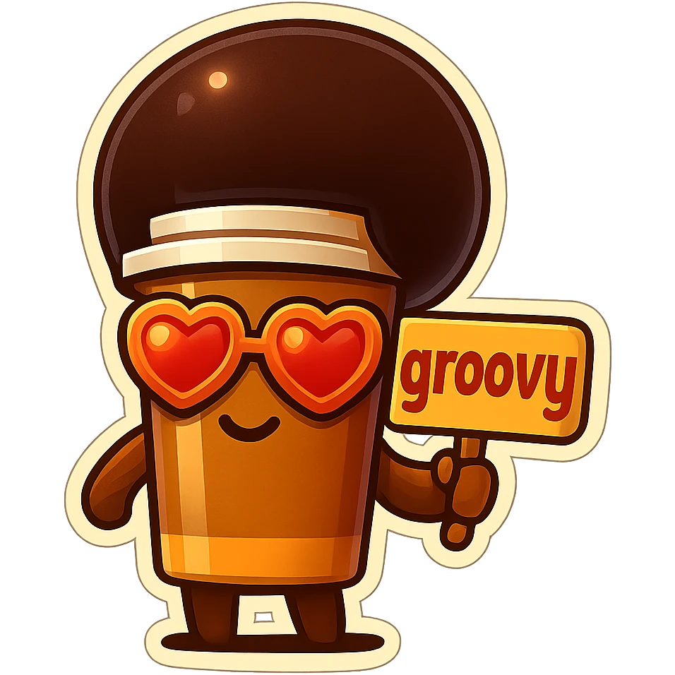Tall coffee cup, no mouth, afro, heart glasses, holding sign "groovy" emoji