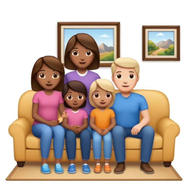 family posing for photo, living room background emoji