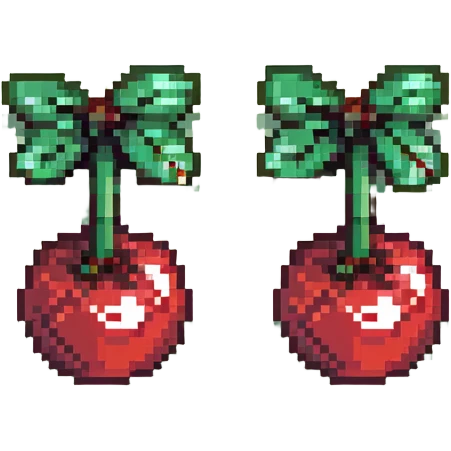 Pixel art of two shiny red cherries with green stem emoji