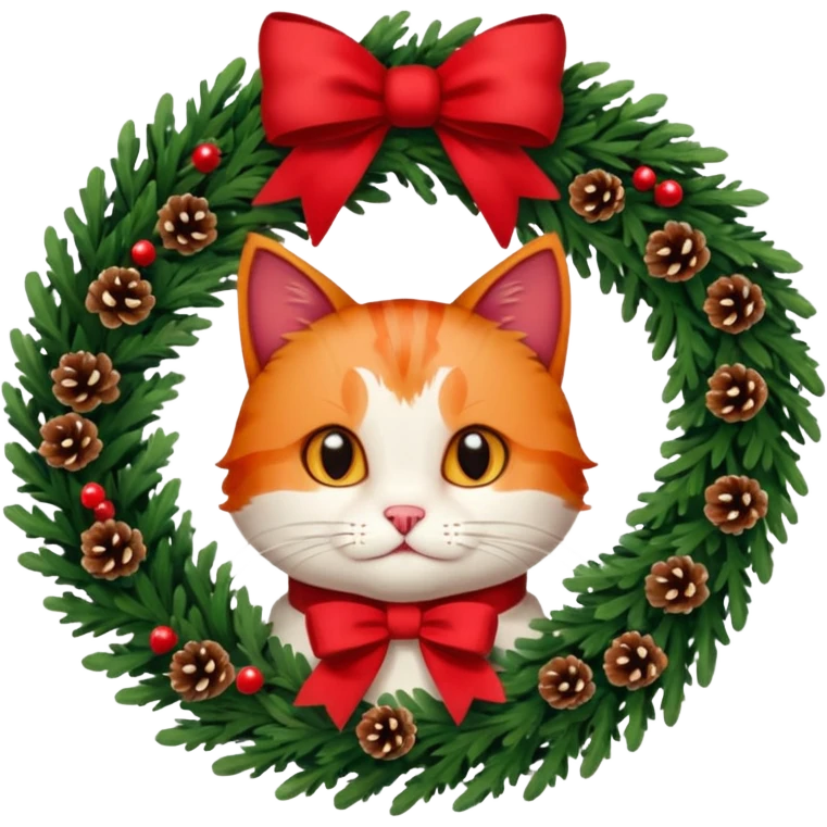 A Christmas wreath made entirely of fir trees, decorated with a red bow at the bottom, pine cones and Christmas tree balls, and a cat poking its face through the hole in the center. emoji