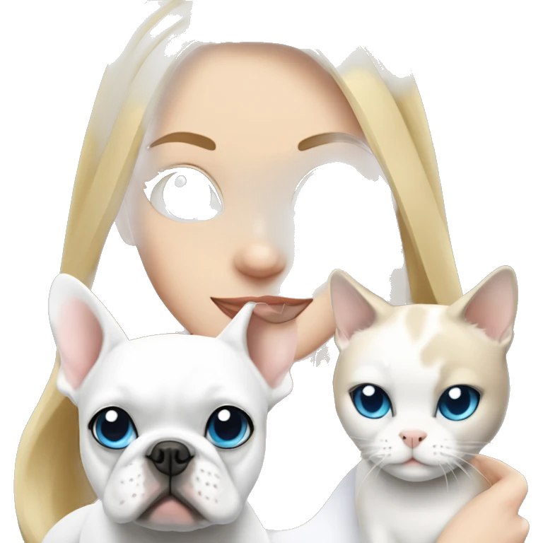 Blonde girl with blue eyes holds White French bulldog and a white cat sitting together emoji