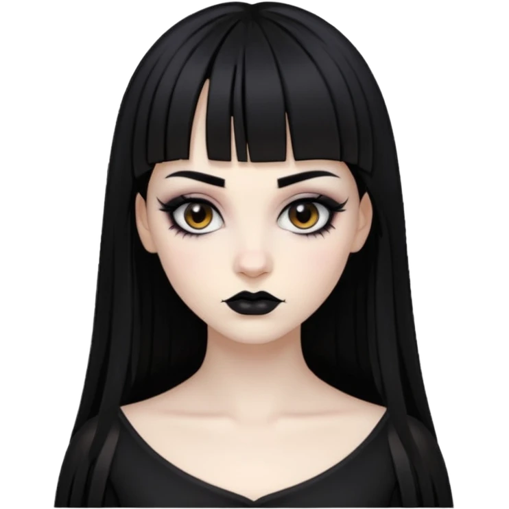Faça uma moça de cabelo preto e micro franja pálida e com maquiagem gótica pesada olhos castanhos escuro  emoji