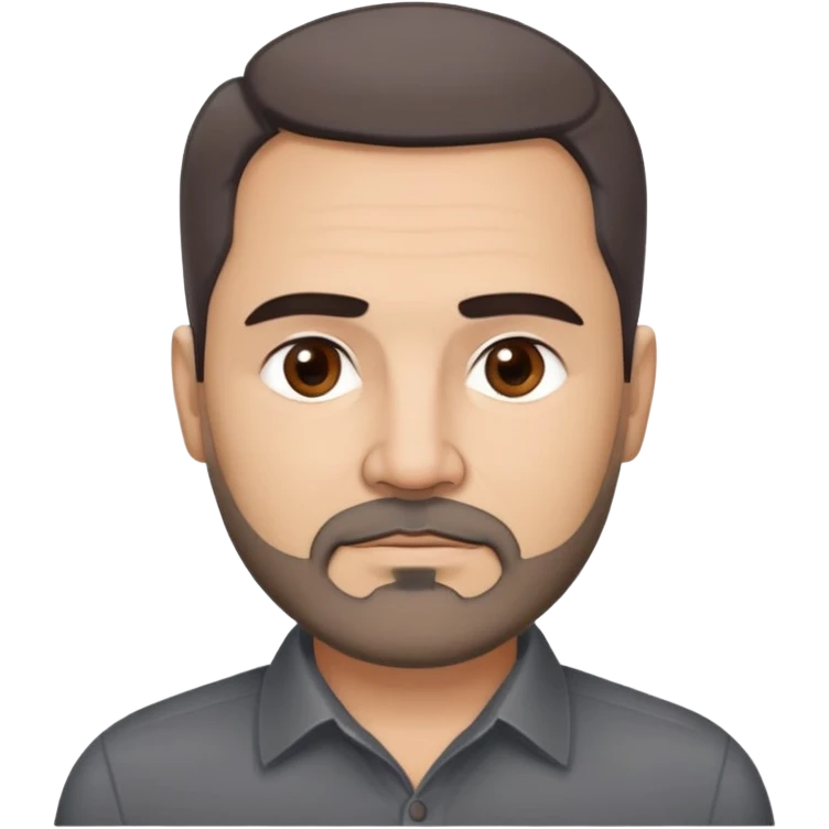 Hispanic man, 57 years old with light complexion. Round face with defined jawline. Expressive dark brown eyes, thick straight eyebrows. Short brown hair, slightly styled. Full brown beard with minimal gray. Professional appearance. Wearing a dark collared shirt. emoji