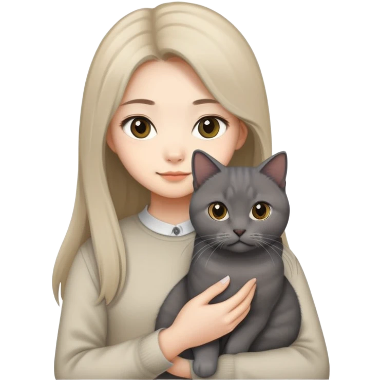 Asian girl beige long hair holding dark grey British short hair cat emoji