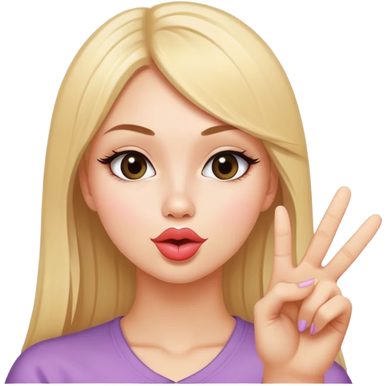 White girl with straight blonde hair doing duck lips and sticking up peace sign with one hand  emoji