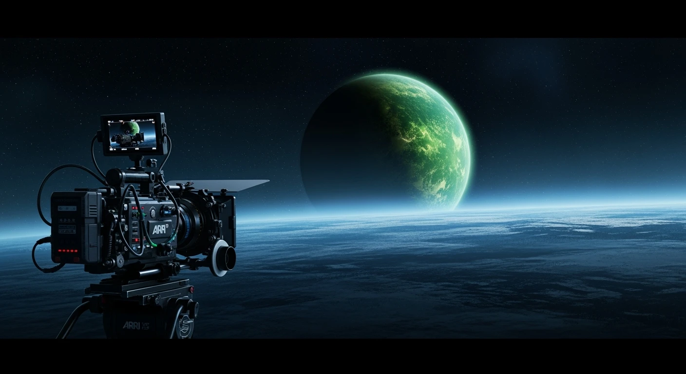 cinematic still, establishing shot in space showing green planet in distance, inspired by StarWars movie, captured by arri alexa  emoji