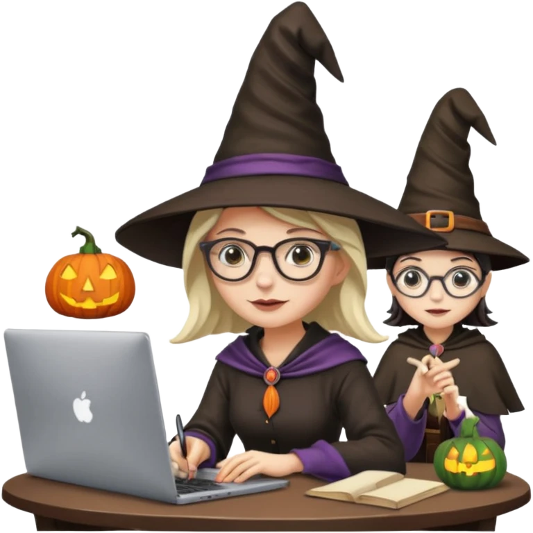 A female video editor wearing glasses, dressed like a witch with a pointed hat, sitting at a laptop editing a video, cinematic lighting, cozy creative studio, professional look, high quality, realistic emoji