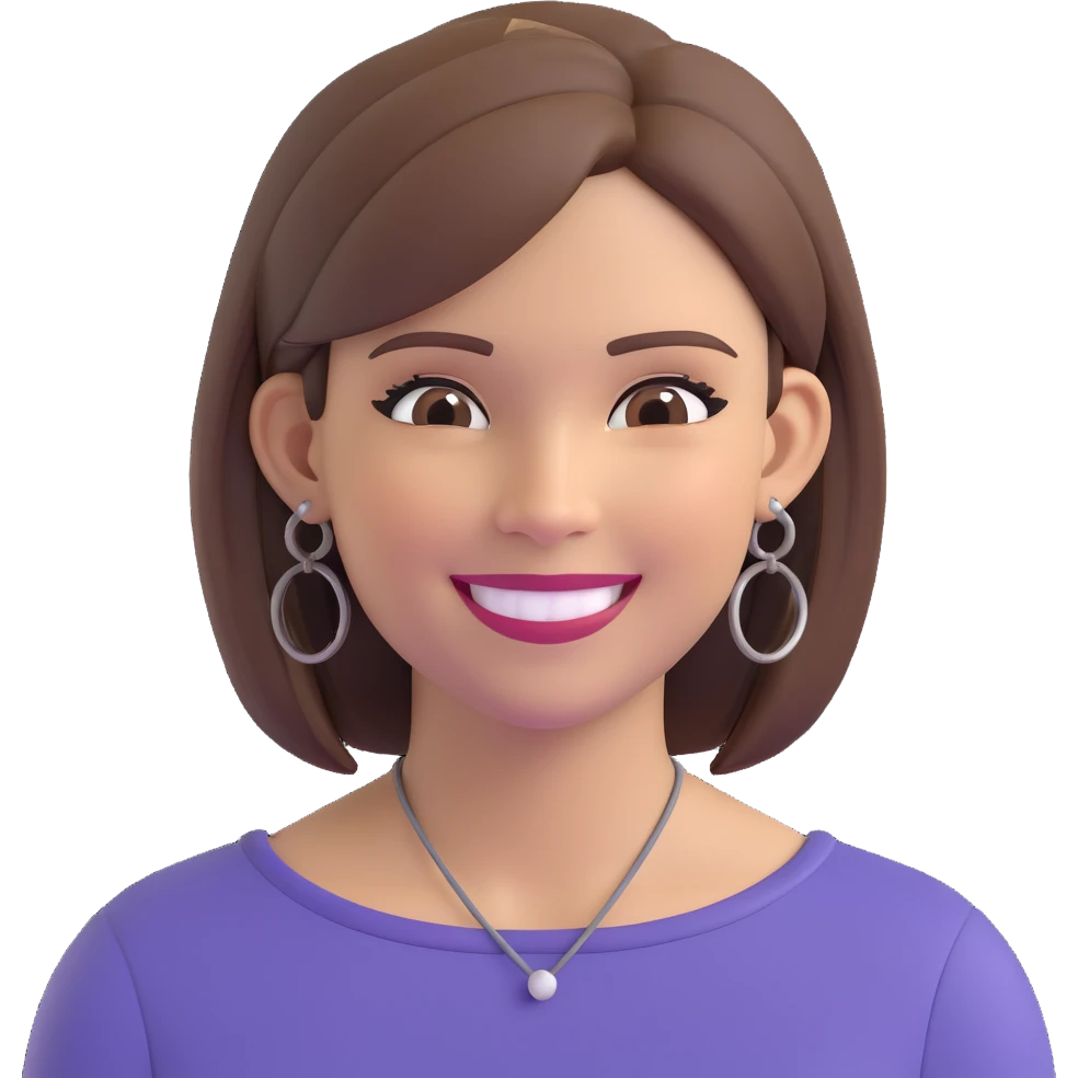 detailed emoji focusing on the face of a smiling woman with straight brown hair and highlights, hoop earrings, clean and classic style, no extra accessories emoji