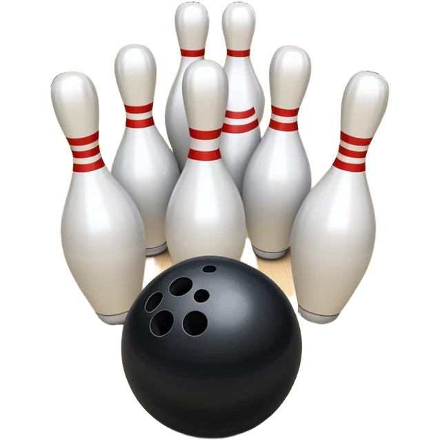 A bowling ball rolling down the lane towards a set of pins, with the pins poised to fall. The scene is set in a bowling alley with bright lights and a polished wooden floor, capturing the excitement and precision of the sport. emoji