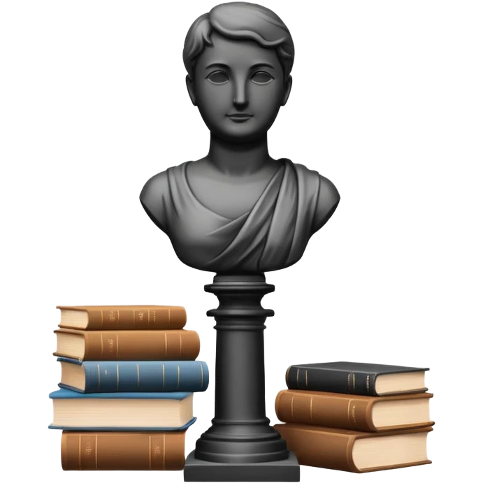 Minimalistic flat vector icon, iOS style, thin black contour on white background. Bust statue on a small pedestal next to a stack of books, symbolizing classic literature. Clean, no text, no shadows emoji