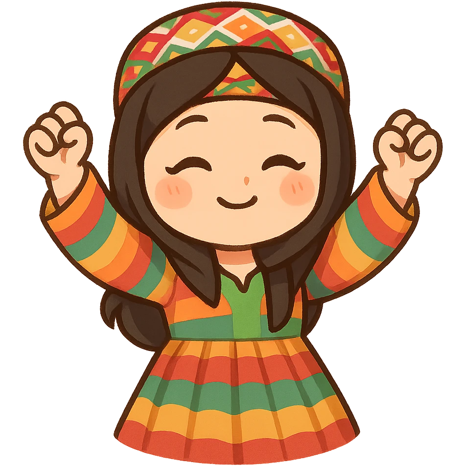 Cartoon sticker of a Kurdish child in traditional colorful Kurdish child dress, dancing Kurdish dance with hands raised and traditional dance pose, no text, suitable for WhatsApp and Instagram, transparent background. emoji