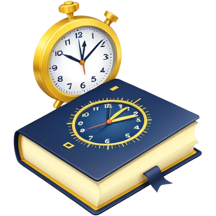 A yellow productivity book with navy blue and gold details, running clock and chart with upward trend aura, radiating productivity, strategy, and success in motion with time and happiness yellow... power in time emoji