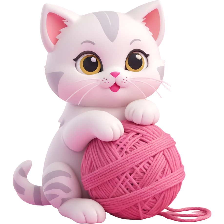 3D iOS-style illustration of a cute kitten with big eyes hugging a pink ball of yarn, pastel color palette, soft lighting, no background. emoji