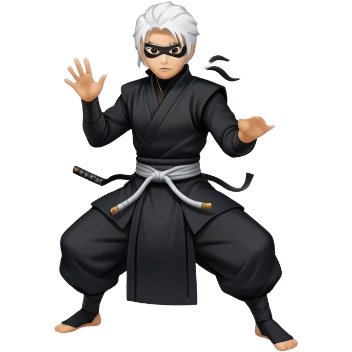 Gabimaru the Hollow, action stance, swirling smoke, white hair, black ninja attire, focused eyes emoji