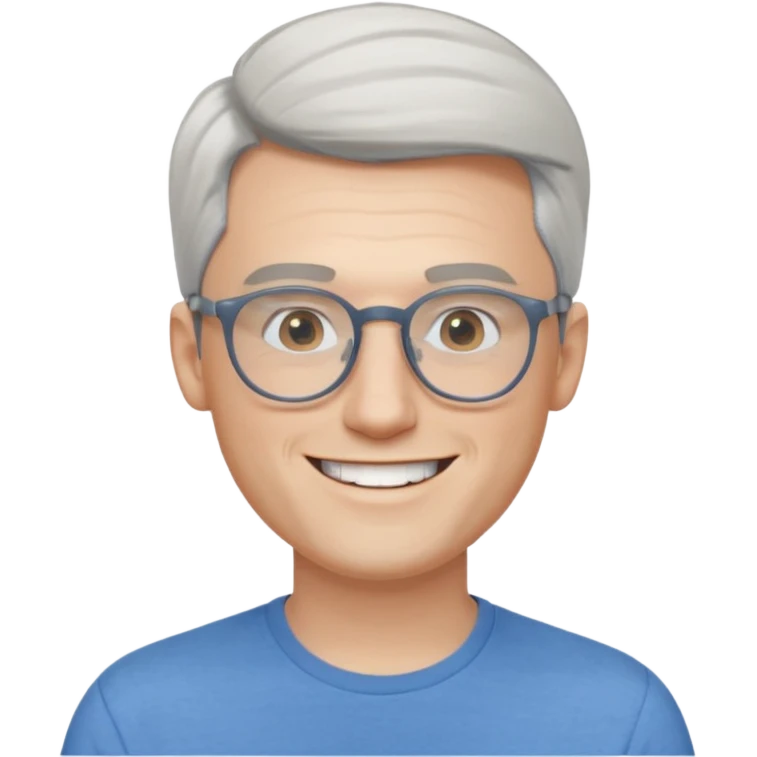 30 yr old pale white man, white/grey side swept stylish hair, round glasses, big smile, white teeth, handsome, longer hair, thin glasses, blue  shirt emoji