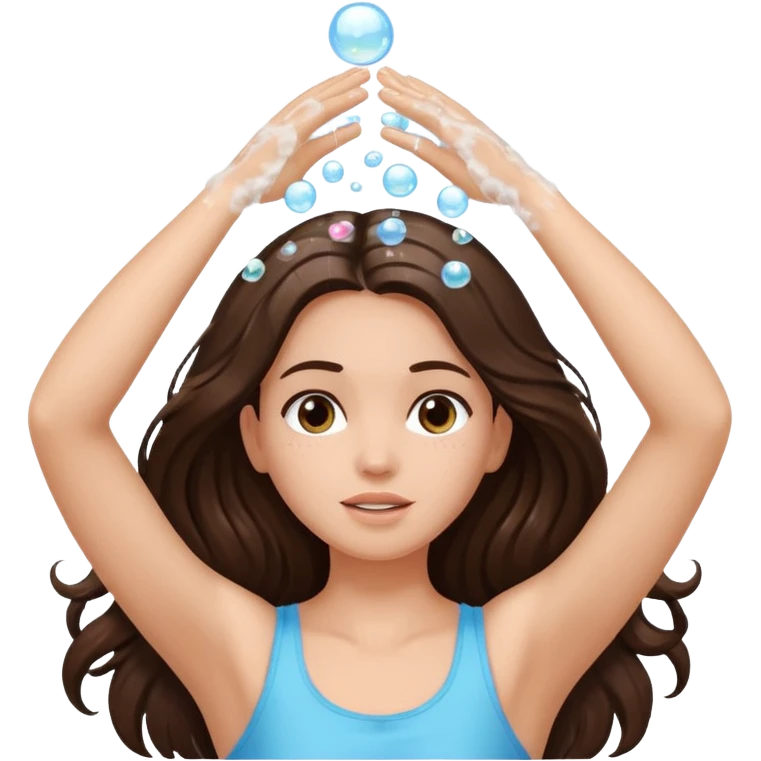 brunette girl long hair up arms up hands on head washing hair soapy bubbles emoji