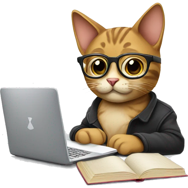 Cat studying, glasses, books, laptop emoji
