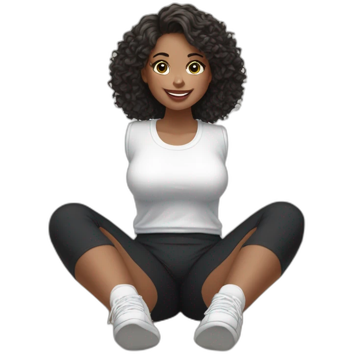 Front view full body curvy caucasian beauty sitting on the floor straight hands up black skirt white knickers white socks emoji