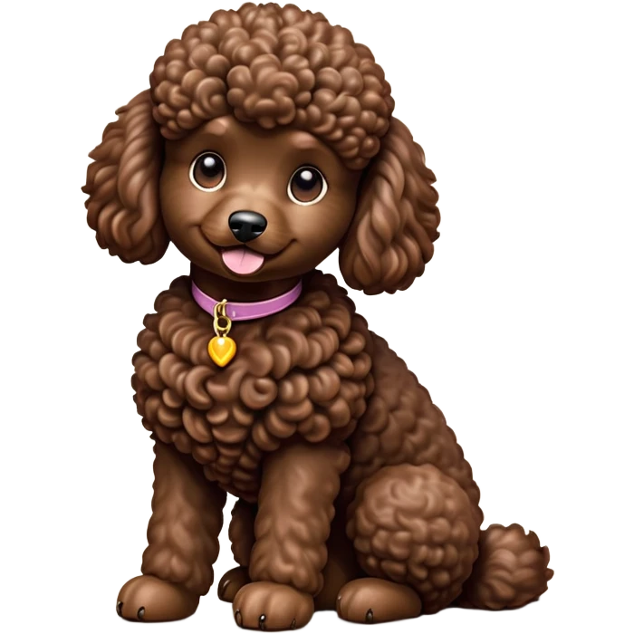 cinematic-[poodle]-realistic-full-body-sitting-emoji,-tail-resting-loosely-beside-its-paws,-head-tilted-dramatically, -curly-[chocolate]-fur,-simplified-yet-realistic-focused-features,-highly-detailed,-glowing-with-an-almost-sarcastic-glow emoji