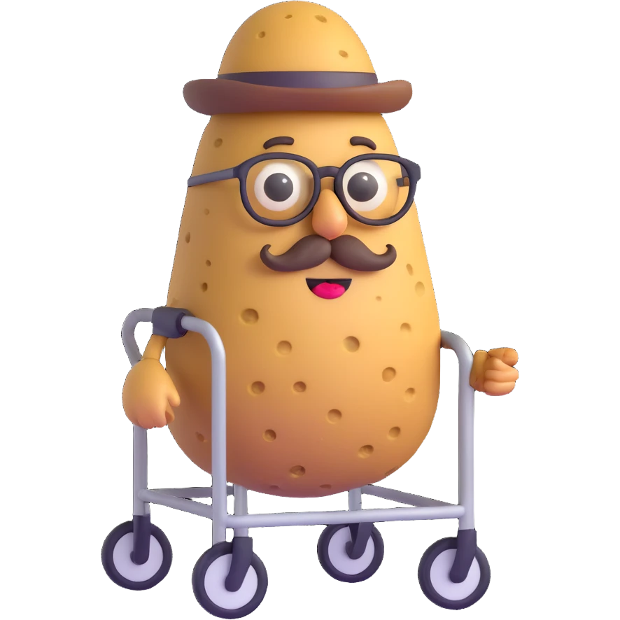 funny icon for archived groceries, ancient potato with mustache glasses and walker, humorous face, 3D emoji style, white background emoji