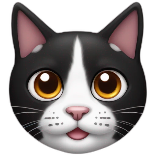 a black and white cat, black on half of the face but with black near ears. The rest is white, his name is oreo.in a part has more black than in the other. Nose is pink and eyes orange emoji