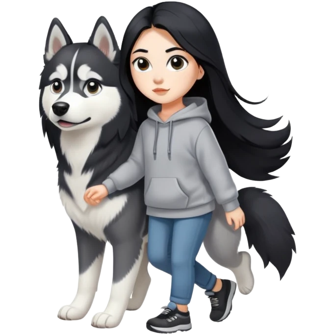 A girl with long black hair wearing a sweatshirt walks a black and white husky emoji