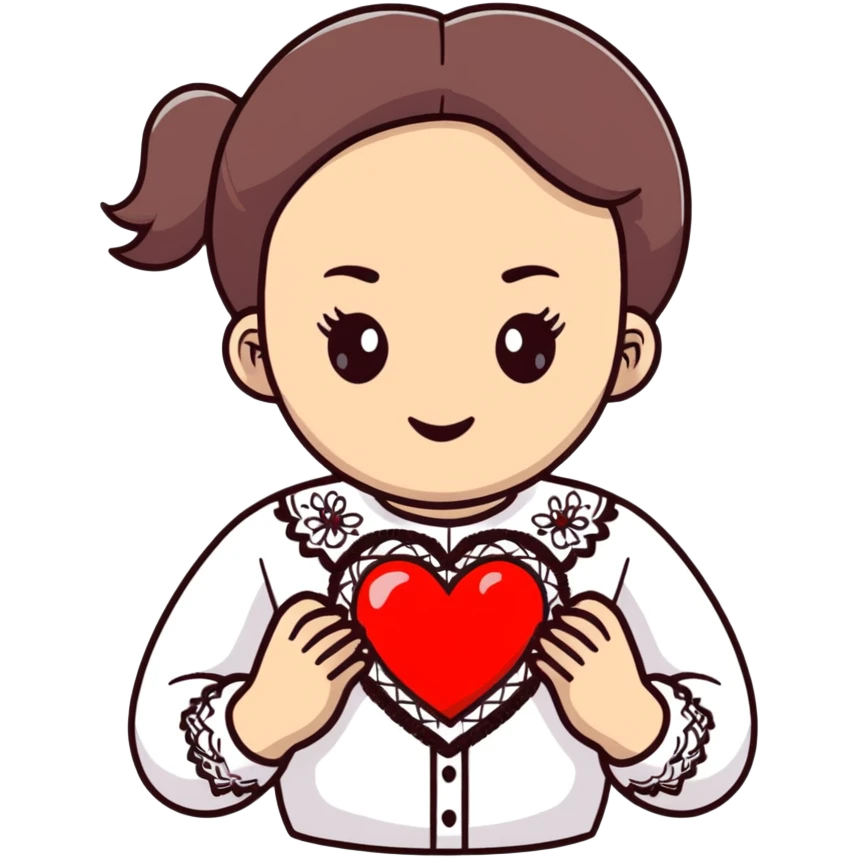 Beautiful young girl in a white Ukrainian embroidered shirt holds a large embroidered heart in her hands emoji