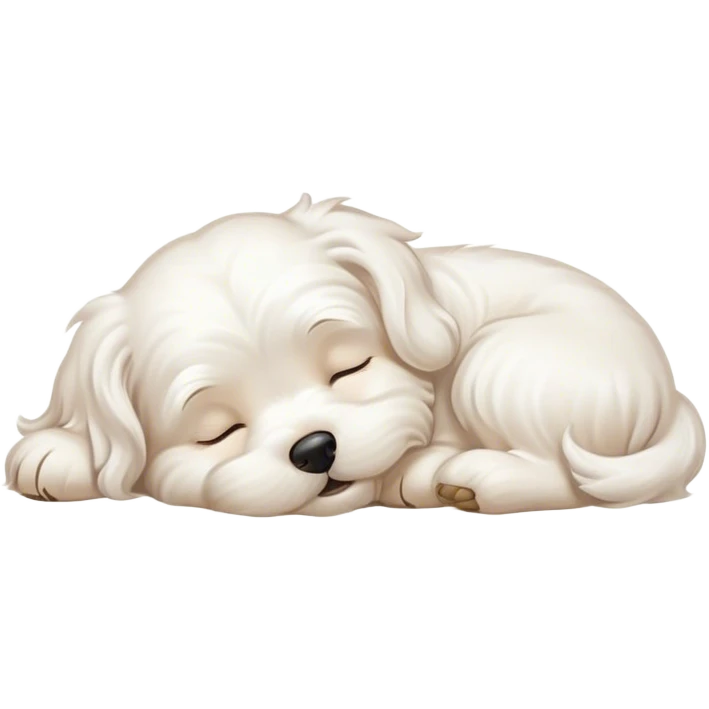Cinematic Meme-Worthy Chubby Sleeping Wavy-Haired Maltese dog Portrait Emoji, Head resting peacefully with a contented smile, featuring a delightfully chubby build and a luxuriously soft, wavy-haired white coat, eyes shut in a serene nap, Simplified yet hilariously adorable features, highly detailed, glowing with a soft, drowsy light, high shine, relaxed and utterly lovable, stylized with an air of playful laziness, bright and endearing, soft glowing outline, capturing the essence of a comically sleepy companion, so meme-worthy it feels like it could instantly become the next viral sensation of adorable slumber! emoji